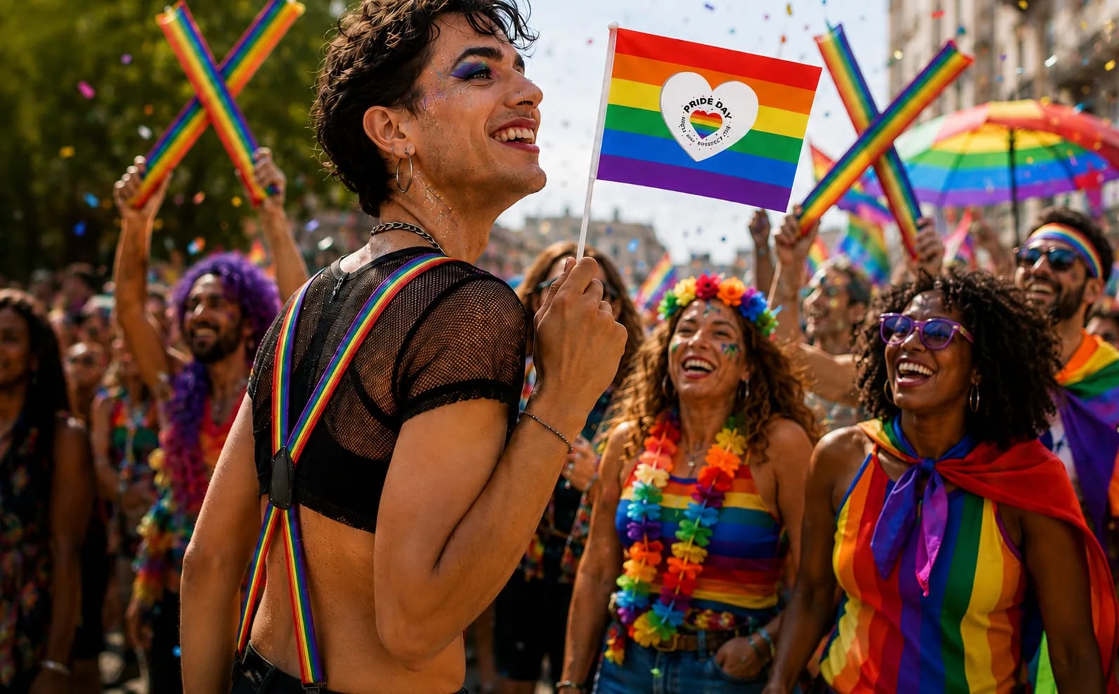 Foule joyeuse à la marche des fiertés agitant des drapeaux arc-en-ciel.
